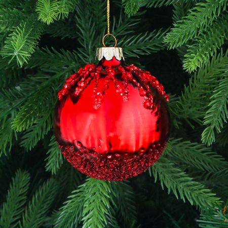 Игрушка ёлочная Yancheng Shiny шар стеклянный красный с узором из красных блёсток 8 см