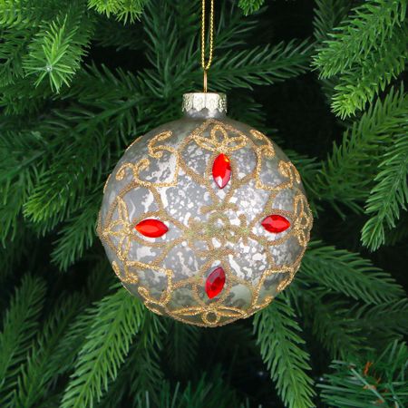 Игрушка ёлочная Yancheng Shiny шар стеклянный серый с золотистым орнаментом 8 см