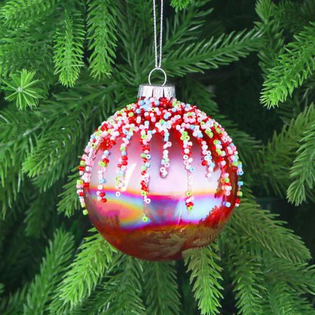 Игрушка ёлочная Yancheng Shiny шар стеклянный розовый с бисером 8 см
