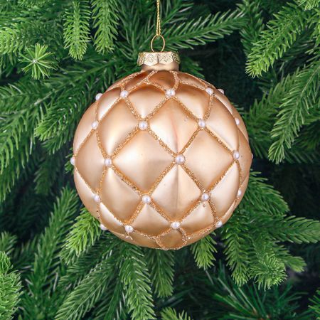 Игрушка ёлочная Yancheng Shiny шар стеклянный золотистый с белыми бусинами