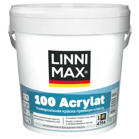 Краска для стен и потолков моющаяся Linnimax 100 Acrylat полуматовая цвет белый база A 0.9 л