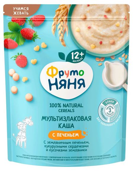 Каша молочная ФрутоНяня мультизлаковая земляничным с печеньем с 12 мес., 200 г