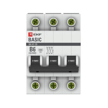 Автоматический выключатель модульный EKF Basic ВА 47-29 3P 6А тип B 4,5 кА 400 В (mcb4729-3-06-B) автоматический выключатель модульный ekf basic ва 47 29 2p 6а тип b 4 5 ка 230 в mcb4729 2 06 b