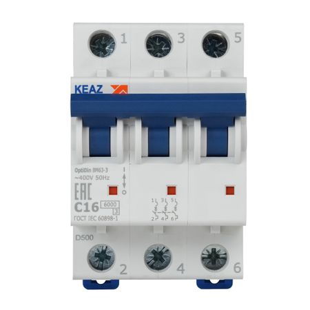 Автоматический выключатель модульный КЭАЗ OptiDin 3P 16А тип C 6 кА 380 В (260791)