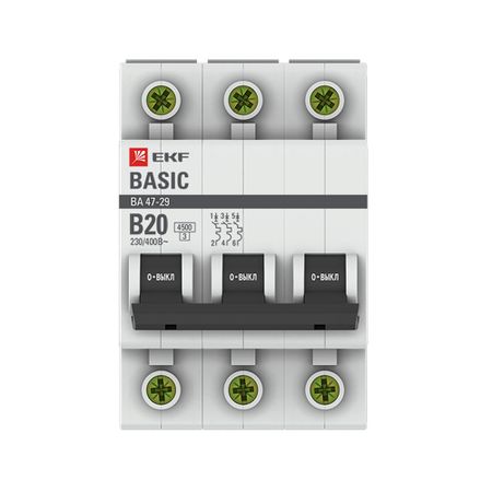 Автоматический выключатель модульный EKF Basic ВА 47-29 3P 20А тип B 4,5 кА 400 В (mcb4729-3-20-B)