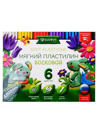 Пластилин 06цв 90гр с Алоэ Вера, стек, к/к, Глобус