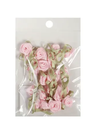Пришивные розочки с листиками розовые (1,5см)(20шт)(пакет) (11-01055-QS73-5)