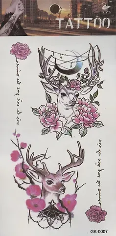 Тату Олени в цветах, 2 вида (GK-0007)(GK-0034)(9,7*19,8)