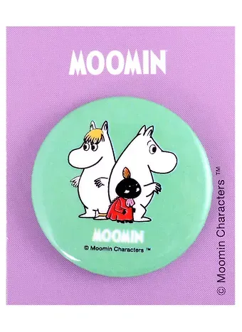 Значок круглый MOOMIN Муми-тролль и Снусмумрик с малышкой Мю (мятный) (металл) (38мм)