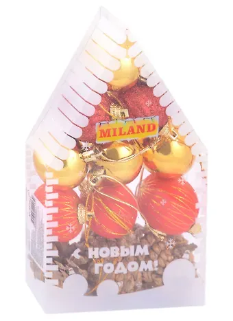 Набор красно-золотых новогодних украшений Новогодний домик (золото с красным) (12 шт) (пластик)