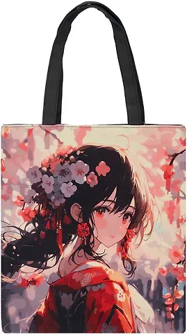 Сумка-шоппер на молнии аниме Девушка с цветами в волосах (38х35) (текстиль, флис) Bookvalno