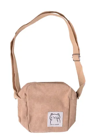 Сумочка на молнии кросс-боди (бежевая) (вельвет) (16х14х6) (12-HanMa-767)