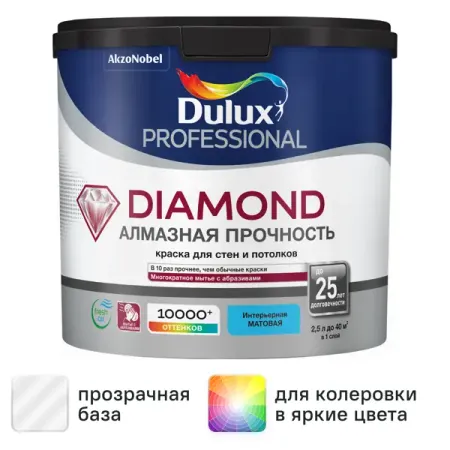 Краска для стен и потолков Dulux Professional Diamond Matt моющаяся матовая цвет прозрачный база BC 2.25 л краска в д dulux trade diamond extra matt база bw для стен и потолков 1л белая арт 5273931