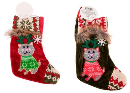 Декорация новогодняя Рождественский носок Кошечка 24,5 см, 1 шт в ассортименте