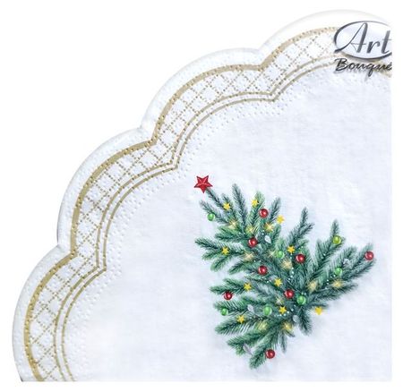 Салфетки бумажные Bouquet Вокруг света Новогодняя ель на белом 3 слоя d 32 см, 12 л