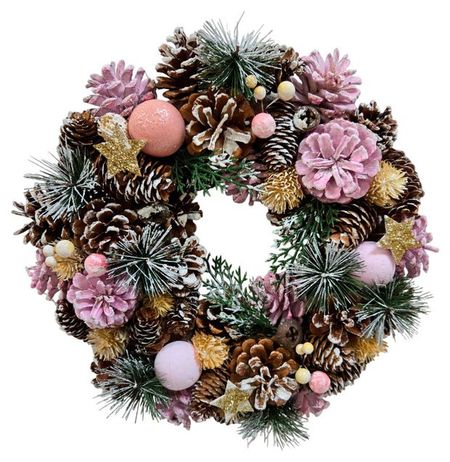 Декорация Венок розовые заснеженные шишки, 34 см