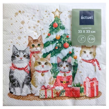 Салфетки бумажные Actuel Котята у елки 3 слоя 33х33 см, 20 л бумажные котята в шапочках котенок сфинкса мейн куна и др вырежи раскрась играй 12 готовых схем