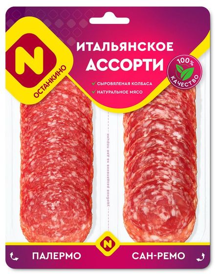 Колбаса сыровяленая Останкино Итальянское ассорти Палермо и Сан-Ремо нарезка, 90 г