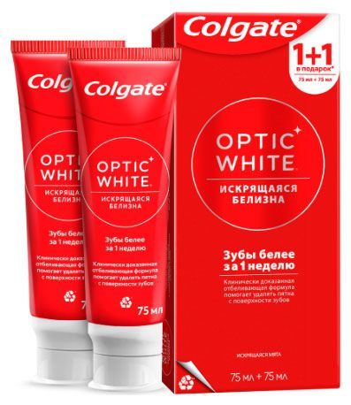 Зубная паста Colgate Optic White Отбеливающая Искрящаяся Белизна 1+1, 2х75 мл