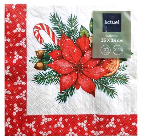 Салфетки бумажные Actuel Вокруг света Пуансеттия 3 слоя 33х33 см, 20 л