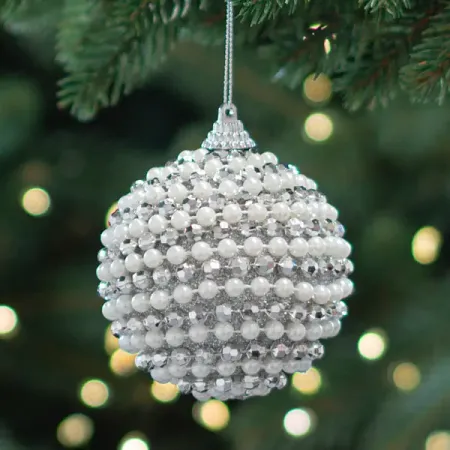 Шар елочный KREAFORTA с бисером ø8 см белый