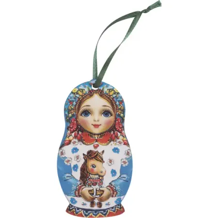 Елочная игрушка Домашняя кухня «Матрешка с лошадкой», 8.8x4.8 см, дерево, цвет голубой матрешка катюша 10 кукол 01 035 000