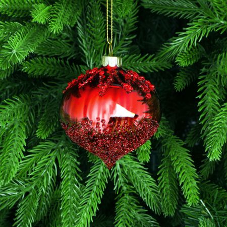 Игрушка ёлочная Yancheng Shiny стеклянная красная с узором из блесток
