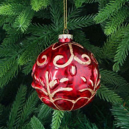 Игрушка ёлочная Yancheng Shiny шар стеклянный красный с золотистым узором 10 см