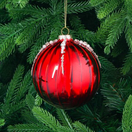 Игрушка ёлочная Yancheng Shiny шар стеклянный красный с бисером 10 см