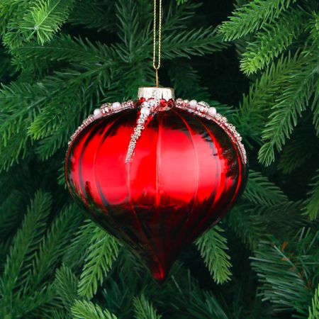 Игрушка ёлочная Yancheng Shiny шар стеклянный красный луковица с бисером 10 см