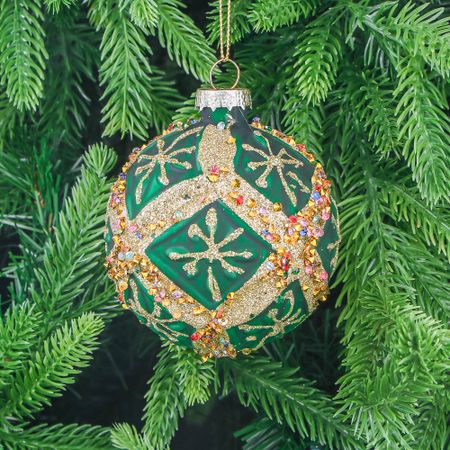 Шар стеклянный Yancheng Shiny зелёный с золотым орнаментом 10 см