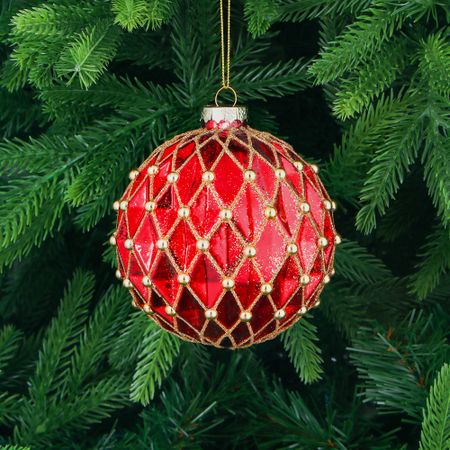Игрушка ёлочная Yancheng Shiny шар стеклянный красный с золотистыми бусинами 10 см