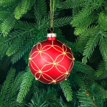 Игрушка ёлочная Yancheng Shiny стеклянная шар новогодний красный с золотистым узором
