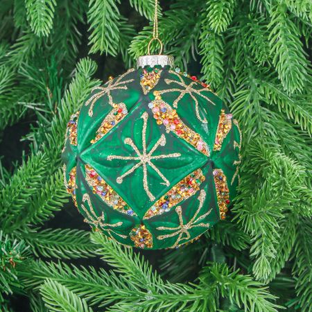 Шар стеклянный Yancheng Shiny зелёный с золотым орнаментом 8 см