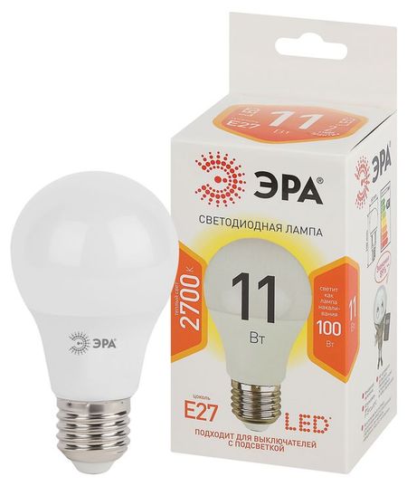 Лампа светодиодная ЭРА LED A60-11W-827-Е27 Теплый белый