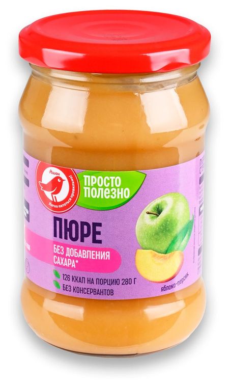 Пюре АШАН Красная птица яблоко-персик без добавления сахара, 280 г