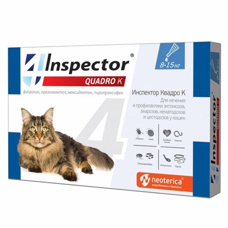 От глистов Inspector Quadro капли на холку для кошек 8-15 кг, от глистов, насекомых, клещей (1.5 мл)