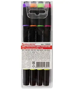 Текстовыделители Brauberg, двухсторонние 4 цвета 1-4 мм