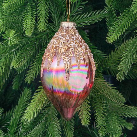 Игрушка ёлочная Yancheng Shiny шар стеклянный розовый с белым бисером 7х14 см