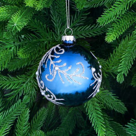 Игрушка ёлочная Yancheng Shiny шар стеклянный синий с белым узором 8 см