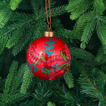 Игрушка ёлочная Yancheng Shiny стеклянная шар красный с вышивкой 8 см
