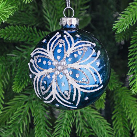 Шар стеклянный Yancheng Shiny синий с белым узором 8 см