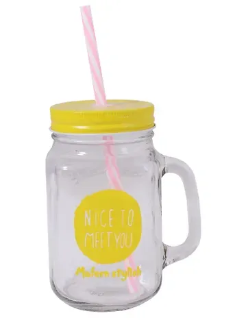 Баночка с ручкой и крышкой + трубочка, для коктейлей Nice to meet you (стекло) (450мл)