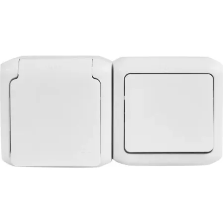 Блок выключатель и розетка с заземлением с защитными шторками - Legrand Quteo - IP44 16А 250В винтовые зажимы накладной монтаж - белый