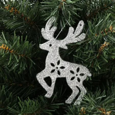Елочная игрушка «Олень» 10 см глиттер серебряный