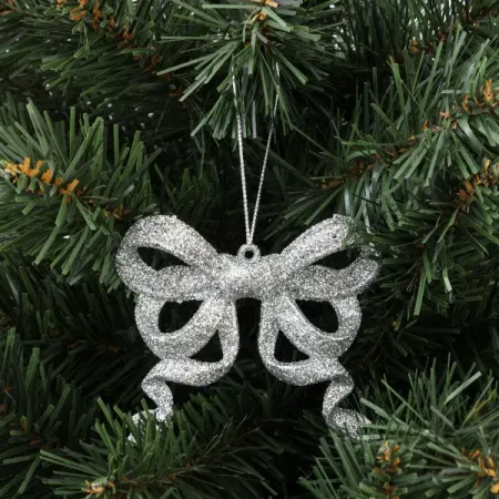 Елочная игрушка «Бантик» 9 см глиттер серебряный