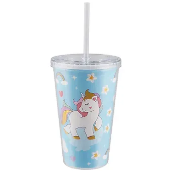 Стакан пластиковый с трубочкой Единороги с золотой гривой (500 мл) (12-06646-127912)