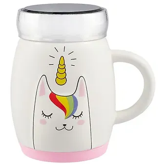 Кружка с зеркальной крышкой Кошка-единорог объемная (керамика) (350 мл) (12-07501-UM-001)