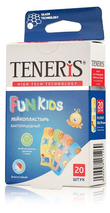 Лейкопластырь Teneris Fun Kids бактерицидный с ионами серебра Великобритания, 20 шт