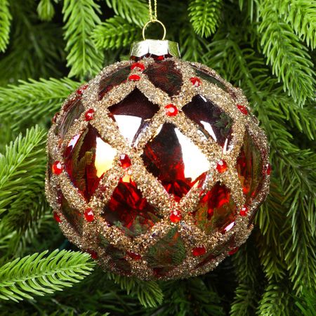 Шар Yancheng Shiny стеклянный новогодний с бусинами красный с золотом 10 см